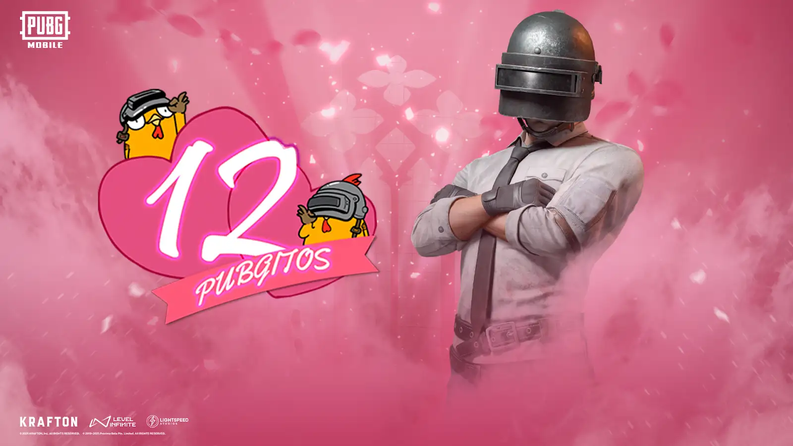 Identidad rosa de 12 Pubgitos con personaje de PUBG MOBILE, corazones y créditos originales