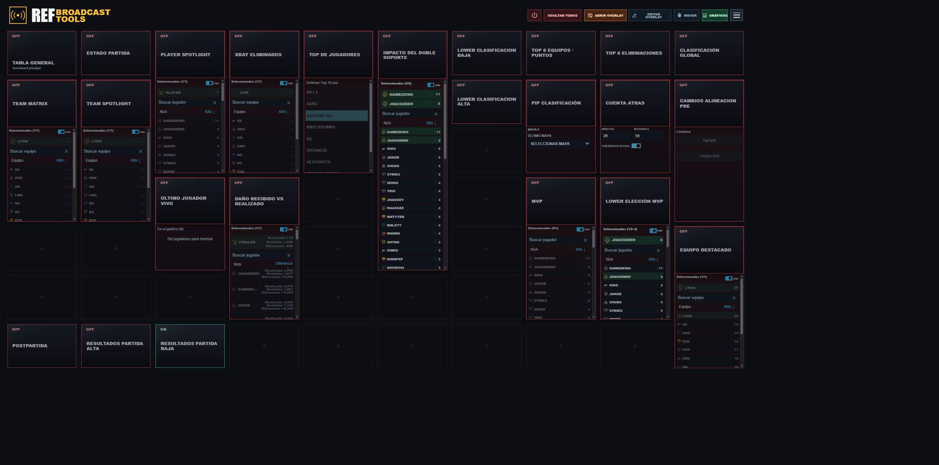 Interfaz de HTMLControl con botonera, selección de equipos y controles de gráficos de broadcast