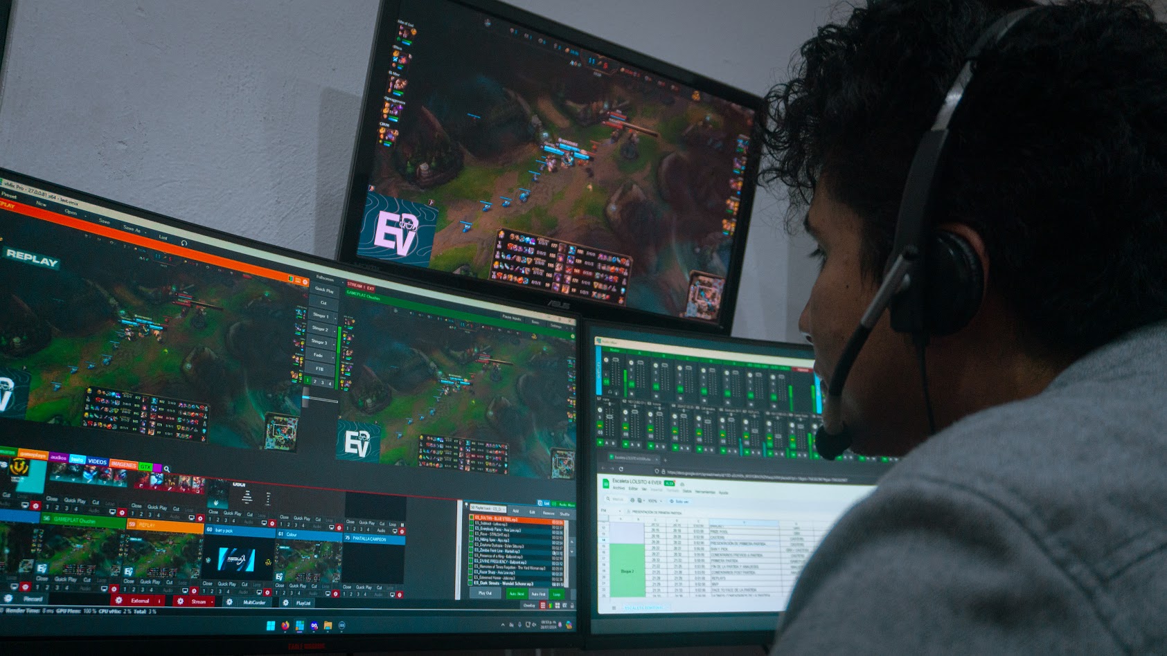 Operación técnica en vivo con mezcla de video, audio y seguimiento de escaleta
