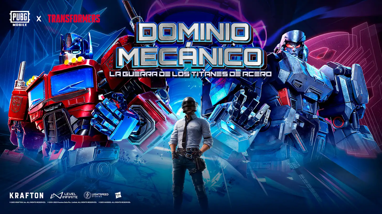 Pieza Dominio Mecánico con personajes de Transformers, PUBG MOBILE y créditos originales